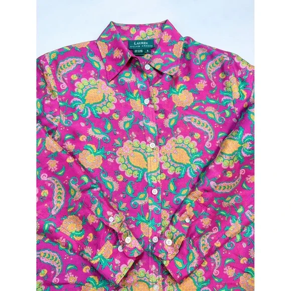 Lauren Ralph Lauren Silk Paisley Button Up Shirt Pink Floral Blouse Womens S - Picture 2 of 6